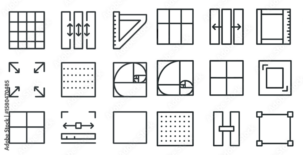 Poster set of geometric shapes and lines, including squares, rectangles, triangles, and circles. the shapes