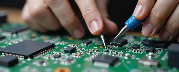 Repairing circuit board using soldering iron and other instruments to mend electronic components. Board repairing requires skill and precision, using tools with fine tips to mend chips and connectors.