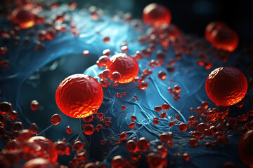 Microscopic view of red blood cells paired with atoms and molecules
