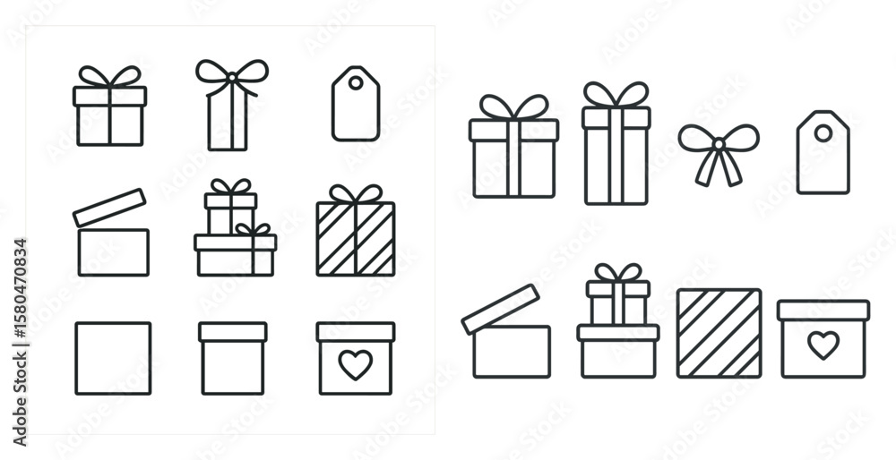 Poster set of gift boxes with a bow on top. the boxes are all different sizes and shapes