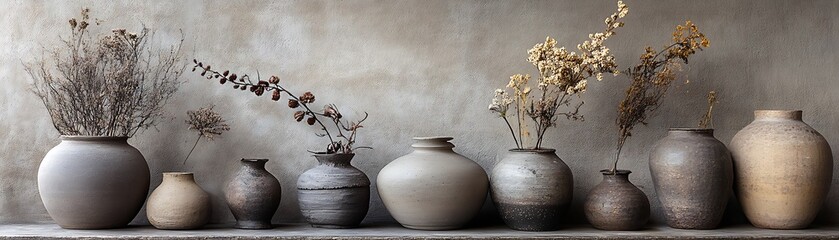 Various ceramic vases gracefully displayed with dried floral arrangements