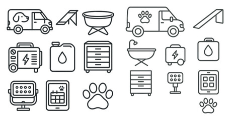 Line drawing of a dog grooming business. The drawing includes a dog grooming van, a dog bathtub, a dog grooming table, a dog grooming brush, a dog grooming scissors, a dog grooming comb