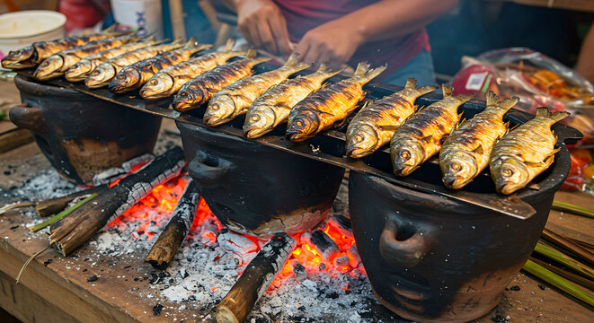 Peruvian Chimbos. Amazonian paiche fish smoked in ceramic tunchi pots, chonta palm wood embers glowing, riverside market 