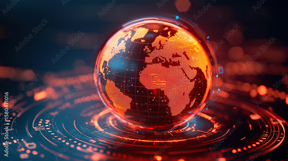 Poster glowing globe representing futuristic digital world, showcasing intricate data patterns and vibrant 