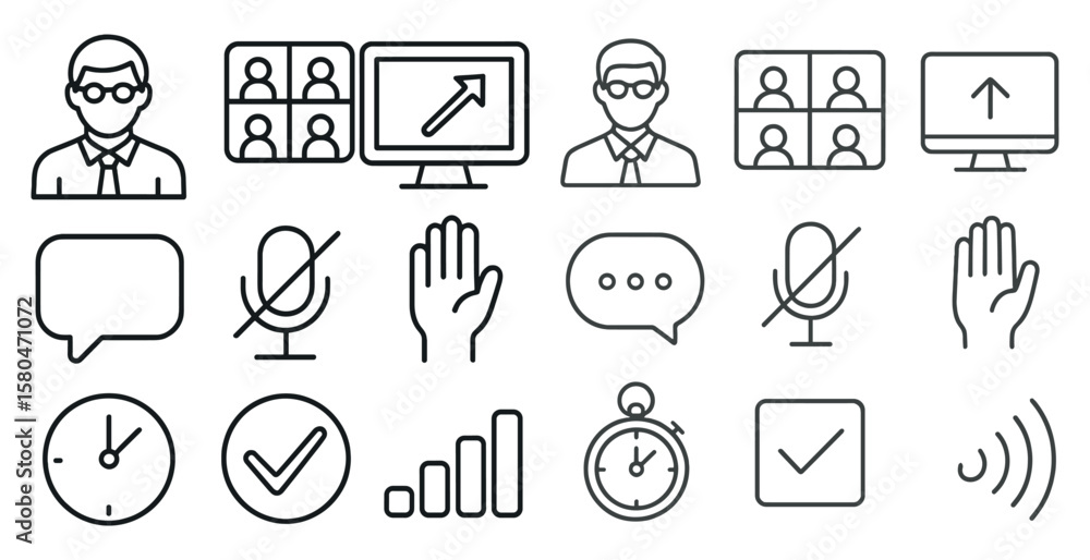 Poster collection of icons for various computer applications, including a clock, a microphone, and a hand