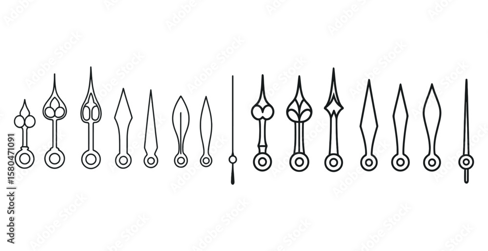 Poster set of stylized, pointed objects are shown in a row. the objects are all the same size and shape, an