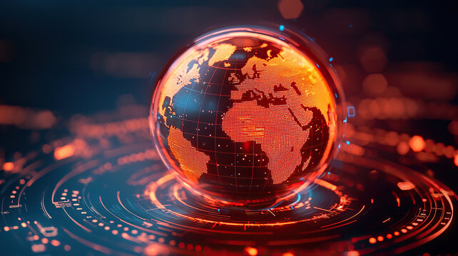 Glowing globe representing futuristic digital world, showcasing intricate data patterns and vibrant orange hue. This captures essence of advanced technology and global connectivity