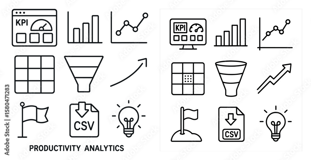 Poster the image is about productivity analytics. it shows a variety of icons and symbols related to produc