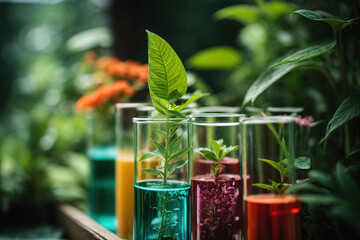 Close-up shot of young plants in test tubes under laboratory conditions