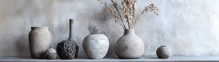 A display of ceramic vases and other natural decorative objects