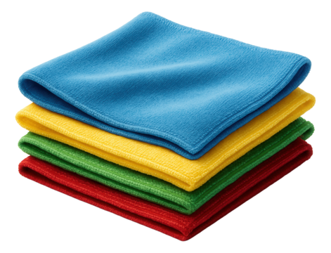 A set of color-coded microfiber cloths, each designated for different cleaning tasks in a home to prevent cross-contamination.