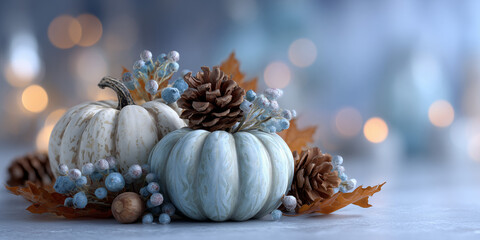 Blue and white pumpkins with pine cones and berries on soft bokeh background — ideal for Thanksgiving, autumn decoration, and seasonal greeting card design.