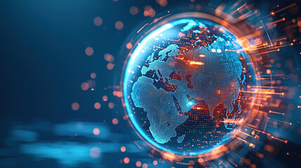 Digital representation of globe showcasing futuristic logistics command center with AI optimizing global connections. vibrant colors and intricate details evoke sense of advanced technology