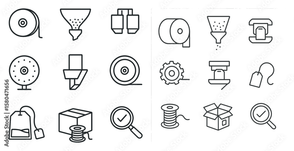 Poster set of icons for various machines and tools. the icons are all in black and white. the icons include