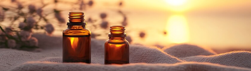 Two small brown bottles sit in front of a warm sunset