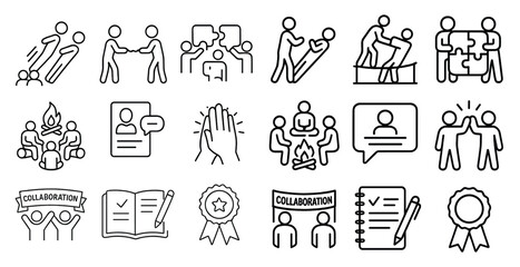 Set of icons depicting various social interactions, including handshakes, high fives, and group activities