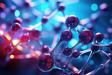 Abstract illustration of a molecule structure with water droplets for medical and science use