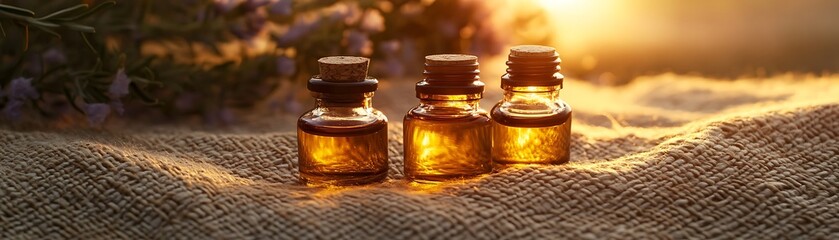 Three small amber glass bottles with corks on textured fabric