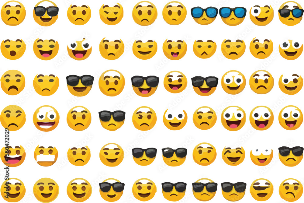 Poster set of yellow cartoon emojis with numbers and letters in fun expression style