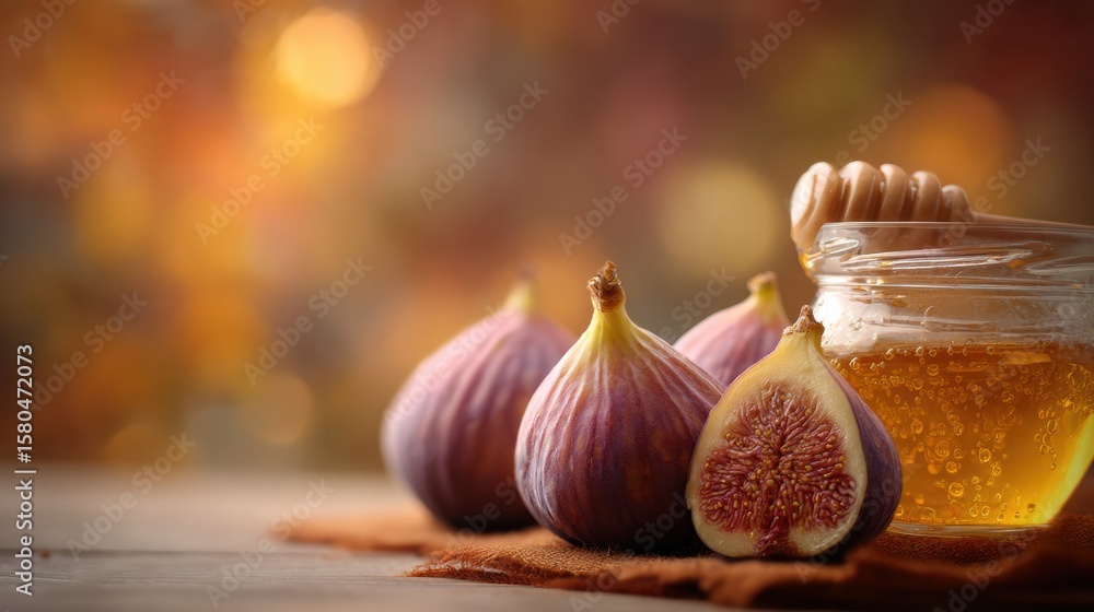 Poster figs and honey create a warm autumn scene with soft blurred background and lightly textured surface 