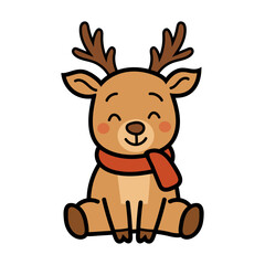 Cute cartoon reindeer with scarf sitting and smiling, festive winter animal vector illustration.