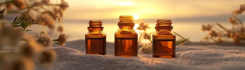 Three small amber bottles are arranged near dried flowers