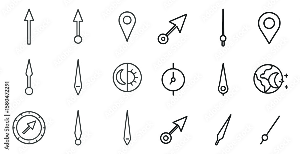 Poster set of 12 different arrow and compass icons. the arrows are pointing in different directions and the
