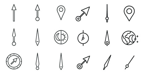 Set of 12 different arrow and compass icons. The arrows are pointing in different directions and the compasses are pointing to different places