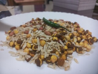 Roasted Chana Almonds Chuda Peanut Seeds,Dry salt Roasted Masala Mixed Chana chuda badam and Green Chili