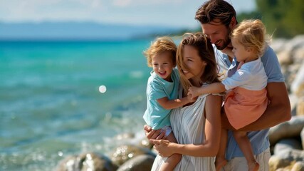 A happy family enjoys a sunny day at the beach with their young children, smiling.