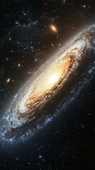 Fototapeta premium Spiral galaxy with a bright center and stars on a dark background. Useful for scientific articles about space and astronomy.