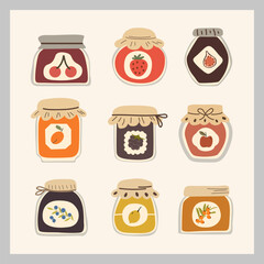 A set of jam jars. Illustration of food. Jam made of berries and fruits. Autumn decor Vector illustration