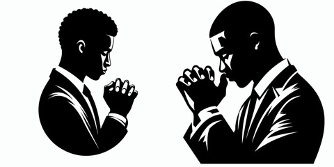 African American Business man Praying quietly. Corporate Entrepreneurship Management Finance Marketing Clipart Line Art Vector Illustration. .