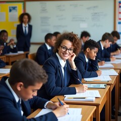 Teacher and students working together in a classroom meeting with business professionals