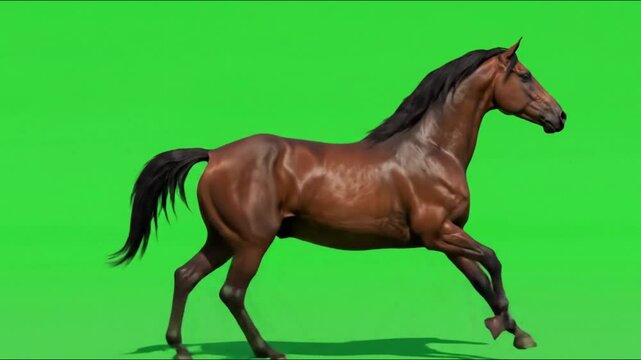 Brown horse running in place in slow motion with mane and tail flowing naturally, full-body view against solid green screen background, ideal for animal and motion scenes.