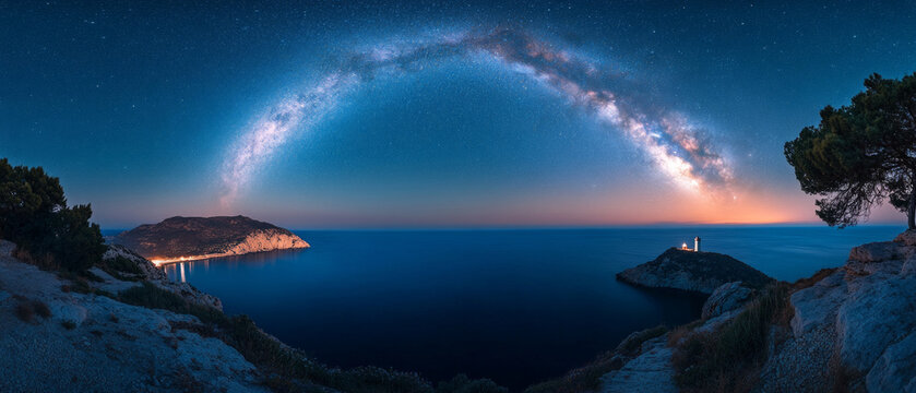 Night sky with the Milky Way arching over the sea and lighthouse, useful for articles on night photography and astronomy.