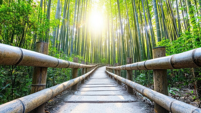 Serene nature view of bamboo forest with sunlight filtering through tall bamboo stalks, creating peaceful atmosphere