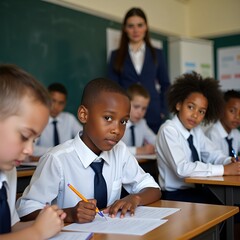 Teacher helping students in classroom learning and studying together
