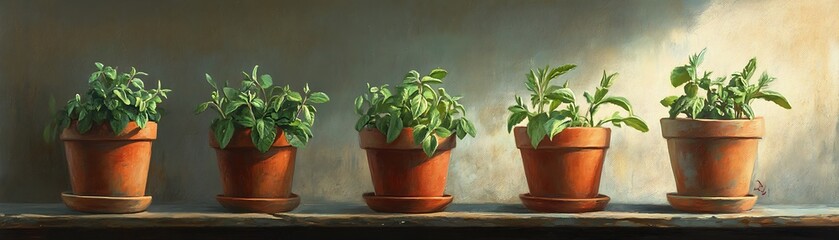 Five terra cotta pots hold various green leafy plants
