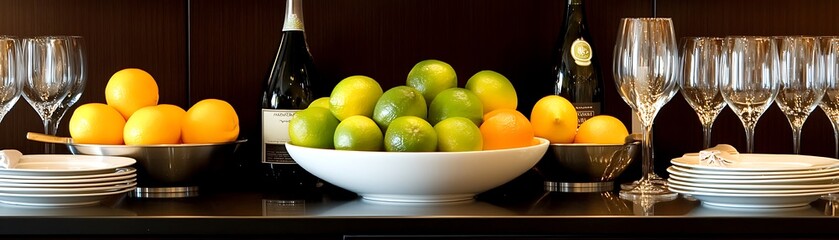 A still life arrangement featuring fruit and glassware on display