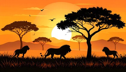 Majestic lions silhouette stroll across the African savanna against an orange sunset sky.