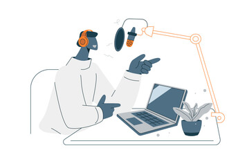 Male host talking into a microphone and wearing headphones, Recording in a home studio at home or work, Broadcasting live on a podcast channel and broadcasting on the internet or radio. Vector.