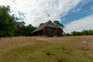 Obraz premium Historischer Schafstall in der sommerlichen Heidelandschaft. Überwiegend trockenes Gras bedeutet den Weg zum Stall.Hinter dem Historischen Schafstall mit seinem Reetdach befinden sich urige alte Bäume
