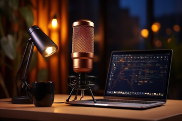 contemporary home studio for podcasting with professional equipment and on air sign