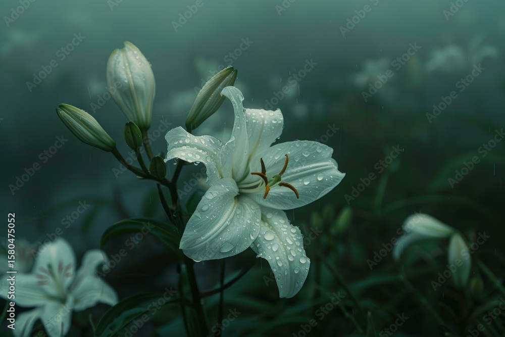 Poster elegant white lily with raindrops, creating a serene and moody atmosphere in a natural setting