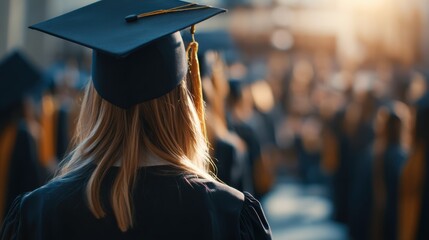 A graduate in cap and gown stands among a crowd at an outdoor graduation ceremony, celebrating academic achievement