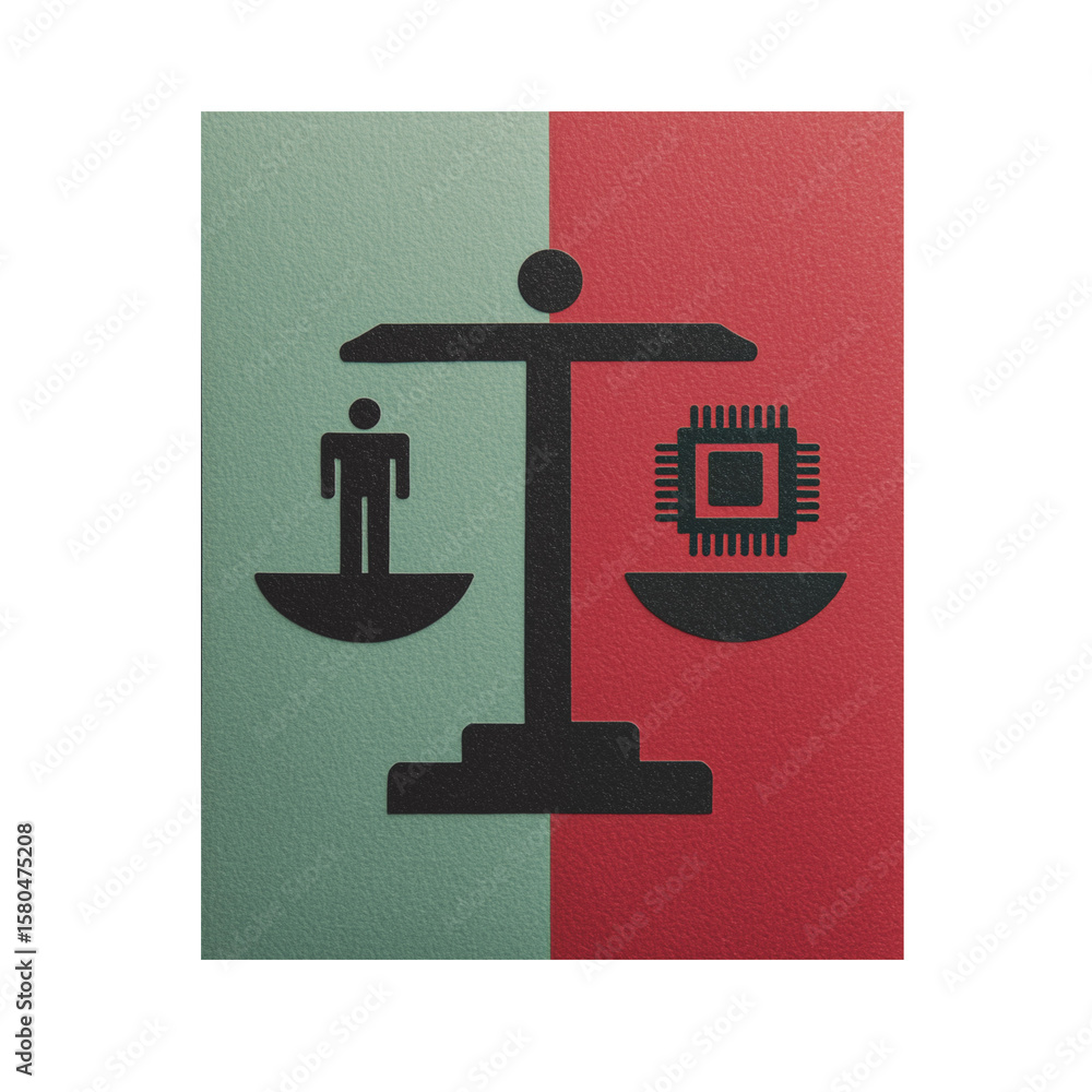 Poster a minimalist icon depicting a balance scale with a human figure on one side and a microchip on the o