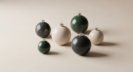 A stylish collection of modern Christmas baubles in muted green, charcoal, and cream for festive holiday decoration.