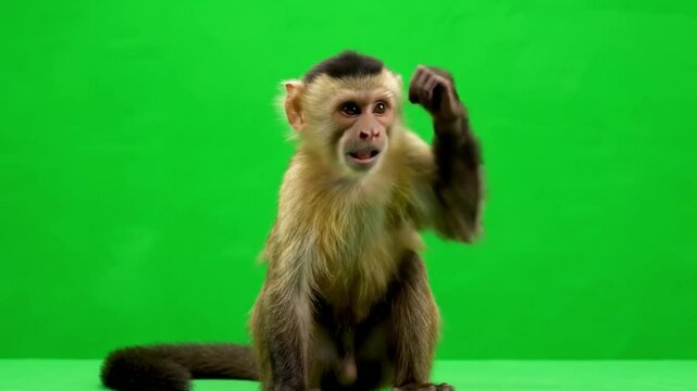 Small monkey sitting calmly, scratching its head and making a funny facial expression, isolated against a solid green screen background, perfect for animal and comedy scenes.