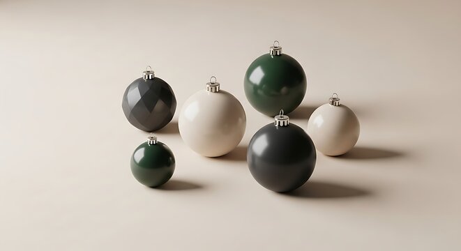 A stylish collection of modern Christmas baubles in muted green, charcoal, and cream for festive holiday decoration.